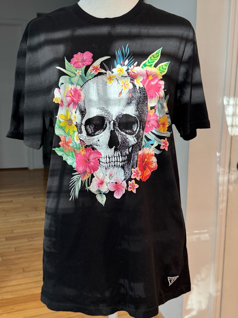 Guess Black Tee with Floral Skull Graphic